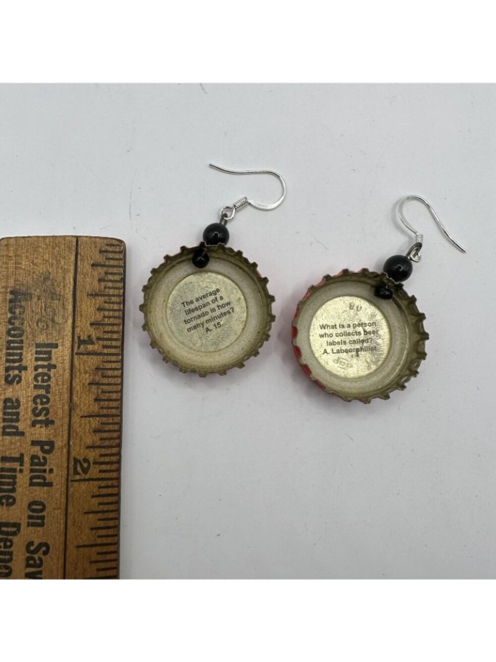 Black Bird Bottle Cap Red & Black Dangle Earrings With Trivia Design - Picture 5 of 5